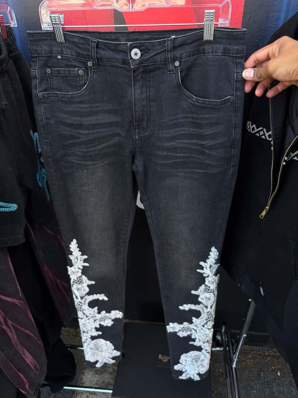 Serenede Wisdom Black Denim Jeans With White Lace Applique